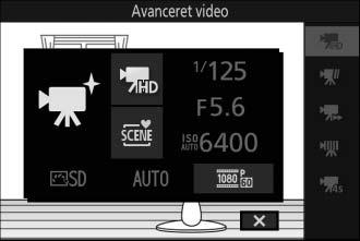 Indstillinger for Avanceret video I indstillingen v (avanceret video) kan du få adgang til følgende indstillinger ved at trykke på & (feature) og vælge Avanceret video i menuen &.