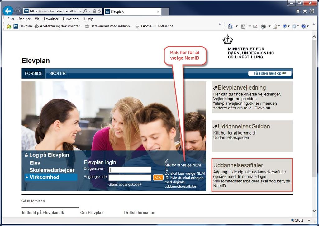 Adgang til Digitale uddannelsesaftaler i Elevplan Log på www.elevplan.dk. Klik på Virksomhed og vælg Nem-ID. Se skærmkopi nedenfor.