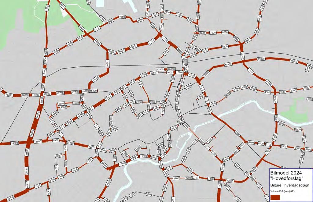 90 ODENSE LETBANE VVM OG MILJØVURDERING Figur 7.16 Hovedforslaget med den modellerede biltrafik inden for Cityringen i Odense i 2024.