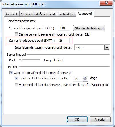 Under fanen Avanceret, skal du ændre den udgående port Server til udgående post (SMTP) til 26. (fig 10) fig 10 Note!