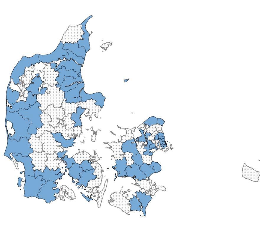 Del 1: Baggrund for kommuners involvering Figur 2 viser de 50 kommuner, som deltager i fase 1 (farvet med blå).