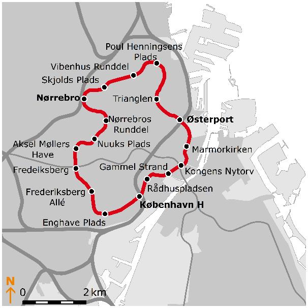 39 Trafikplan for den statslige Baneprojekter Metrocityring (2019) Metrocityringen består af et 15,5 km langt tunnelanlæg i ca. 25-35 meters dybde med i alt 17 stationer.