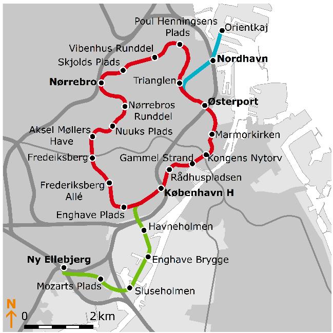 44 Trafikplan for den statslige Baneprojekter Sydhavnslinje vil bestå af fem underjordiske stationer, Havneholmen, Enghave Brygge, Sluseholmen, Mozarts Plads og Ny Ellebjerg, hvor det bliver let at