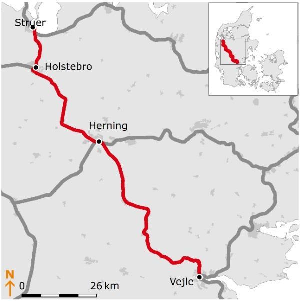 VVManalyse af elektrificering af den 130 km lange strækning mellem Vejle og Struer. VVManalysen kan forventes igangsat omkring 2021-23. Figur 50.