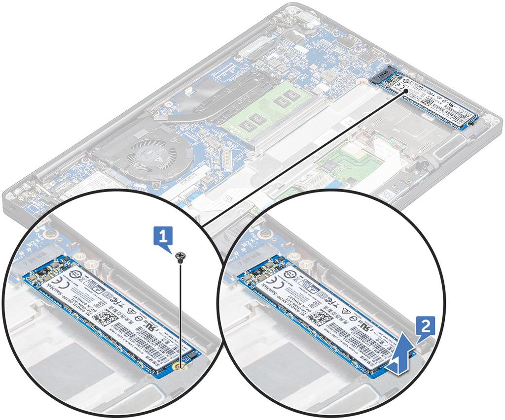 Installation af SATA SSD 1 Sæt SATA SSD-kortet i stikket. 2 Spænd skruen for at fastgøre SATA SSD-kortet til systemkortet. 3 Installer bunddækslet.