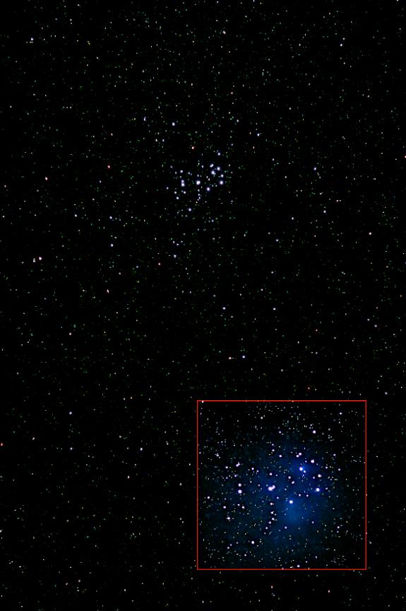 Syvstjernen M45 er også et godt motiv, en fin stjernehob, og ved længere exponering så er der en blå reflektionståge omkring stjernerne.