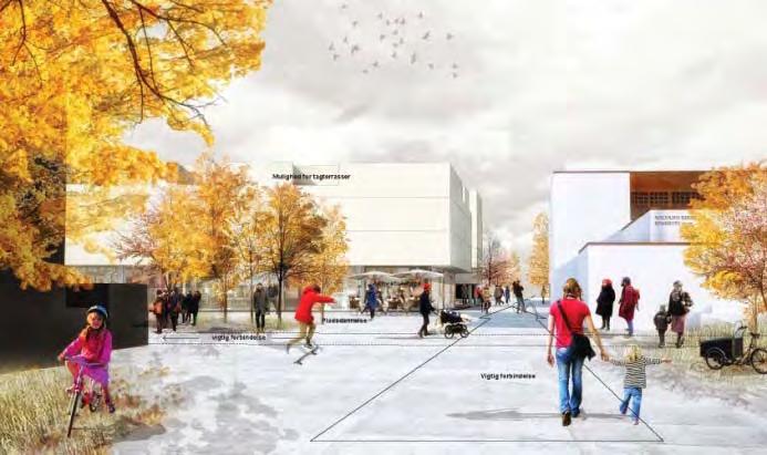 Visualisering af Urmagerstien ud for Urbanpladsen ved et fremtidigt kvarterhus.