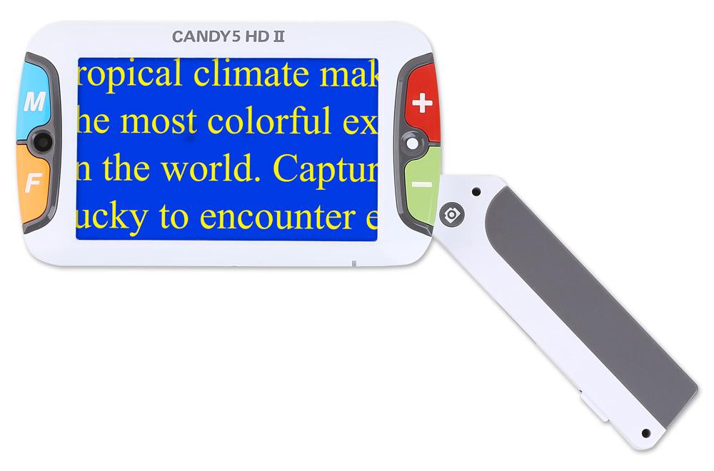 Candy 5 HD II CANDY 5 HD II er en håndholdt elektronisk lup med HD-kamera og en 5 LCD-skærm, der fungerer lige godt for venstrehåndede og højrehåndede.