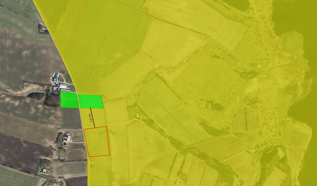 Figur 2 Skovrejsning uønset markeret med gul og skovrejsning ønsket angivet med grøn. Med rød indramning er angivet beliggenheden af mit projekt på Nautrupvej 41.