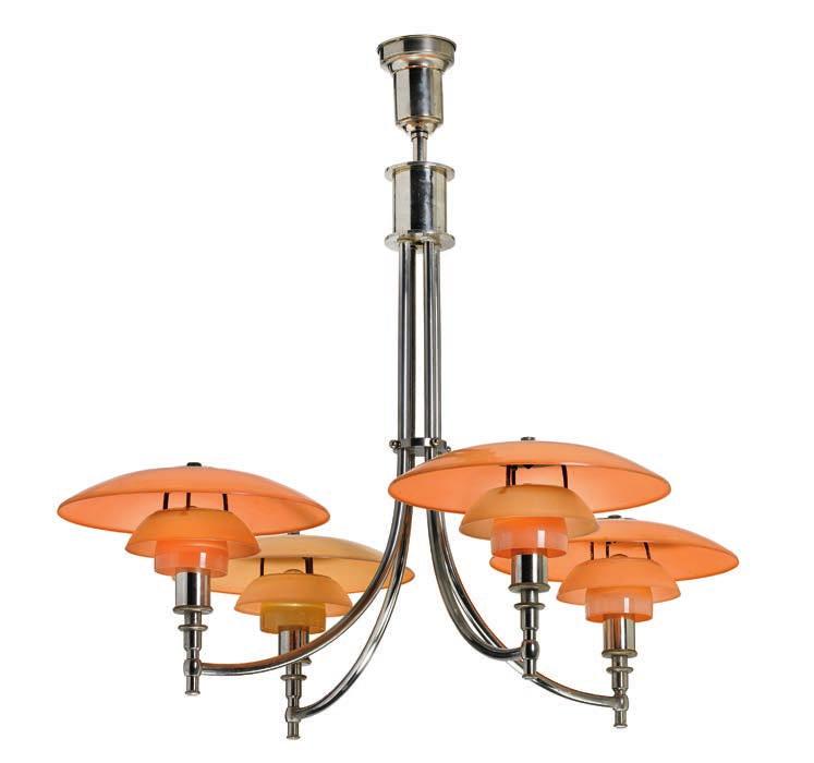 984 984 POUL HENNINGSEN b. Ordrup 1894, d. Hillerød 1967 "PH-Anchor". Four-branch chandelier with patinated nickel-plated frame and socket houses stamped "Patented".