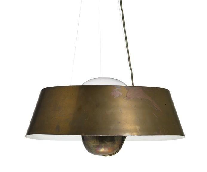 995 995 ARNE JACOBSEN b. Copenhagen 1902, d. s.p. 1971 "City Hall Lamp". A brass pendant, inside of shade white laquered. Centre with pear-shaped glass. This example manufactured 1940s. H. 24. Diam.
