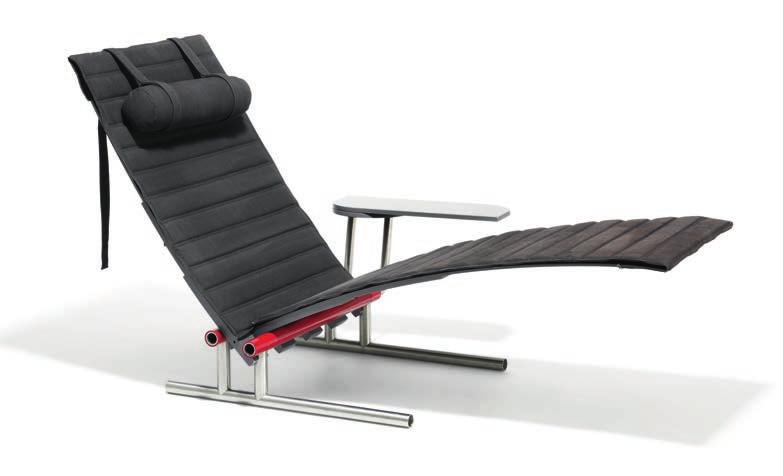 1007 ERIK KROGH b. 1942 Chaiselongue with stainless steel frame, partly red lacquerd. Foldable and adjustable wood seat and back upholstered with black canvas. Matching headrest.