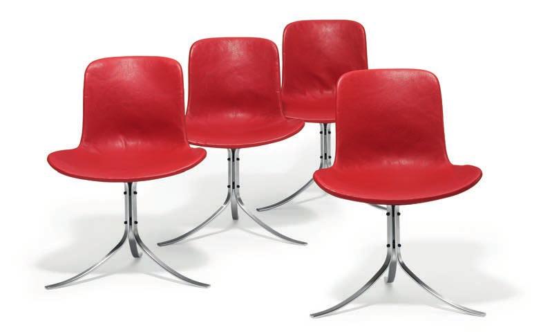 1008 POUL KJÆRHOLM b. Østervrå 1929, d. Hillerød 1980 "PK 9". A set of four chairs on chromed steel frame. Seat and back upholstered with original red leather.
