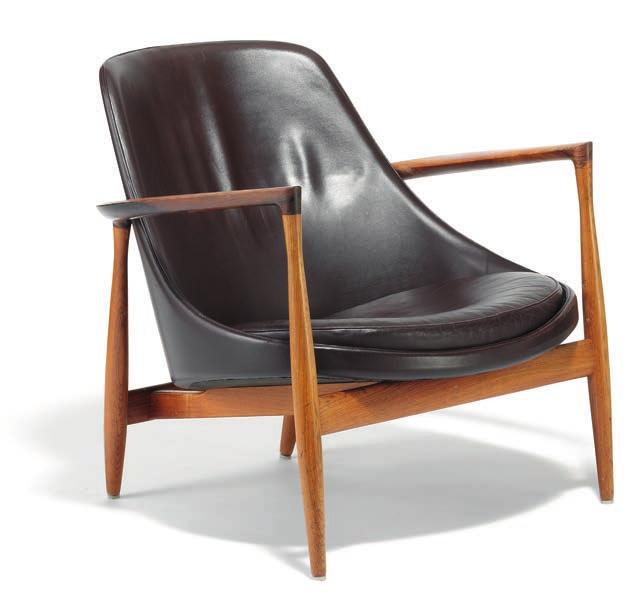 1079 IB KOFOD-LARSEN b. 1921, d. 2003 "Elizabeth". A pair of easy chairs with Brazilian rosewood frame. Sides, back and loose seat cushion upholstered with original brown leather. Model U-56.