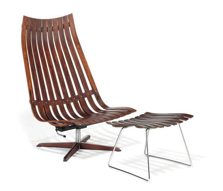 1081 HANS BRATTRUD b. Dokka 1933 "Scandia". Lounge chair and stool with moulded Brazilian rosewood slat on swivel base and frame of chromed steel. Designed 1957.