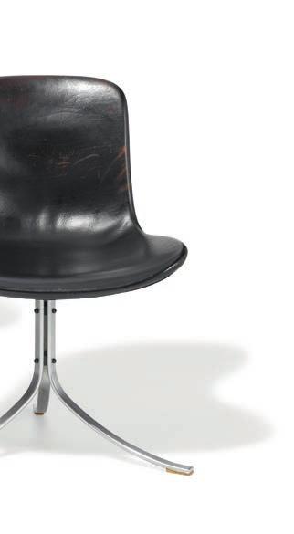 1109 POUL KJÆRHOLM b. Østervrå 1929, d. Hillerød 1980 "PK 9". A set of four chairs on chromed steel frame. Shell-shaped seat and back upholstered with original, patinated black leather.