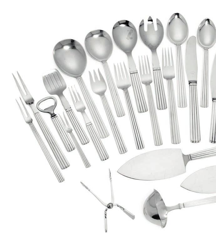 904 904 SIGVARD BERNADOTTE b. 1907, d. 2002 "Bernadotte". A large sterling silver cutlery set. Georg Jensen after 1945. Designed 1939. Weight excluding pieces with steel 7226 gr.