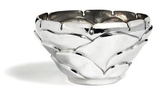 910 910 THORVALD BINDESBØLL b. Copenhagen 1846, d. s.p. 1908 "Artichoke". A hammered sterling silver bowl. Signed monogram. Made and marked by A. Michelsen anno 1926. Designed 1900. Weight 366 gr. H.
