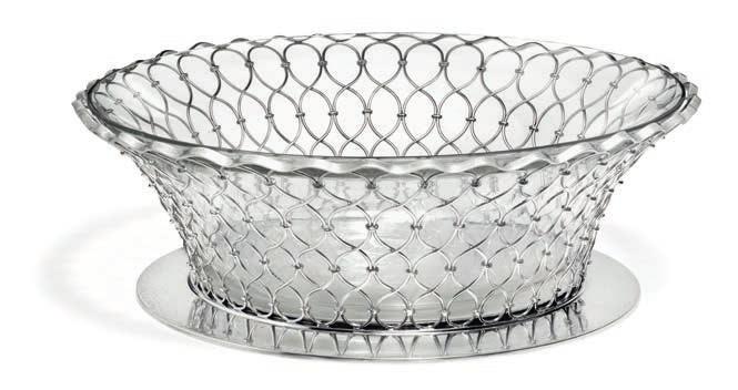 København 1965 Circular sterling silver fruit bowl with pierced thread pattern with clear glass liner. Made and marked by A. Michelsen anno 1948. Weight excluding glass liner 603 gr. H.