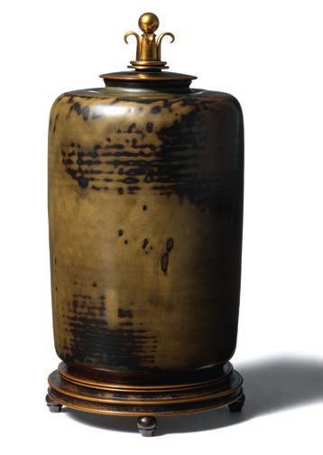 943 CD CARL HALIER b. 1873, d. 1948 KNUD ANDERSEN b. 1892, d. 1966 Cylindrical stoneware lid jar. Decorated with dilou glaze. Signed monogram. Royal Copenhagen.