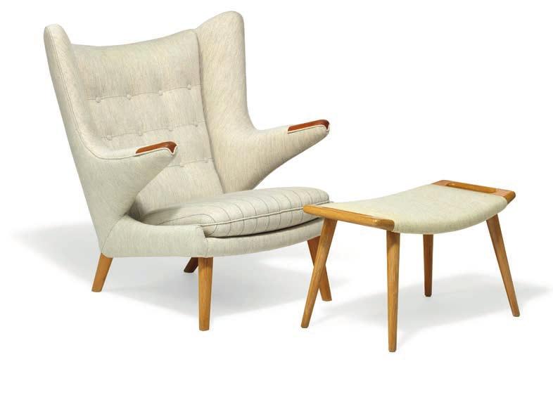 958 HANS J. WEGNER b. Tønder 1914, d. Gentofte 2007 "Papa Bear". Easy chair and stool with oak legs, chair with teak "nails".