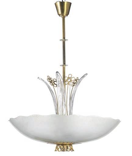 974 974 ORREFORS A pair of chandeliers with brass frame with lily -shapes.