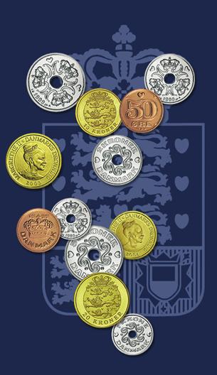 Danske mønter Mønter med Dronningens monogram og billede Her ser du de mønter, der er gangbare i Danmark år 2013.