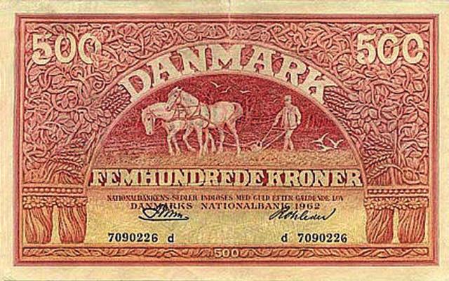 kroner Den gamle plovmand (500-krone-seddel), som var gyldig fra 1910 til 1945. I alt 643,6 mia.