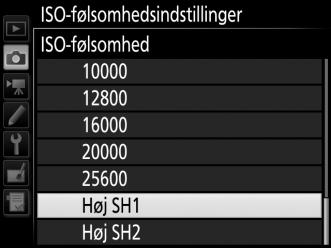 Høj SH1/Høj SH2 I indstillingerne P, S, A og M kan Høj SH1 og Høj SH2 vælges ved hjælp af indstillingen ISO-følsomhedsindstillinger (0 271) > ISO-følsomhed i billedoptagemenuen. A Adg.