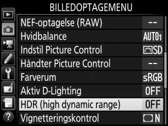 HDR er mest effektiv, når den anvendes sammen med matrix-lysmåling (0 105; ved spotmåling eller centervægtet lysmåling og anvendelse af ikke- CPU objektiv svarer en styrke på Auto til Normal).
