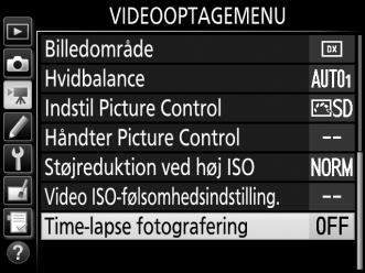 Time-lapse fotografering (Kun indstillingerne i, j, P, S, A, M og SCENE) Kameraet tager automatisk billeder ved de valgte intervaller for at oprette en intervaloptagelsesstumfilm ved billedstørrelsen