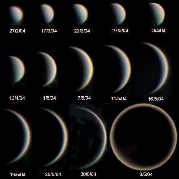 Venus' faser: Galilei opdager, at Venus ligesom Månen har faser (se nedenstående figur). Men som man kan se på figuren, er der ikke kun forskel på, hvor stor en del af Venus, der ligger i skygge.