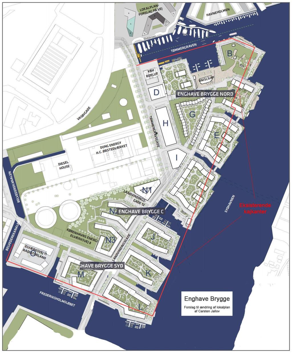 Bilag: Forslag til ændring af lokalplan for Enghave Brygge Nedenstående tegning af Enghave Brygge uden overflødige kanaler
