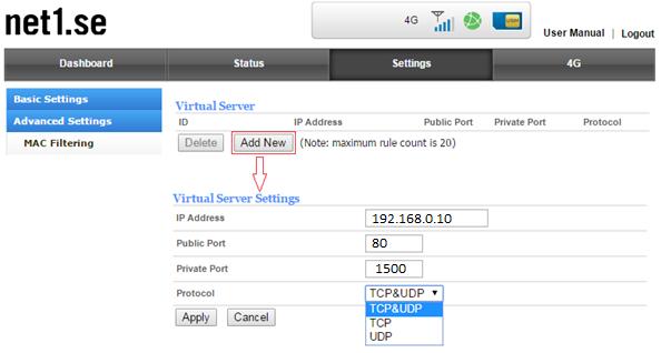 Virtual Server På denne side kan man tilføje regler for Virtual Server. Virtual Server virker på samme måde som port forwarding.