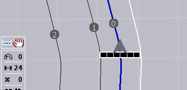 CCI.Command Betjening Forager spor 2: halv bredde I tredje foragermodus (jf. infoboks Foragermodus kapitel 0) vises kørespor i foragermodus.