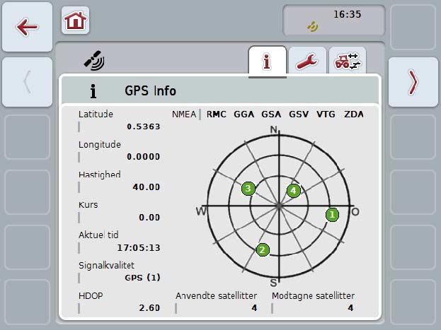 CCI.GPS Betjening 4.2 GPS Info På dette fabeblad er en oversigt over de aktuelt modtagne GPS-data.