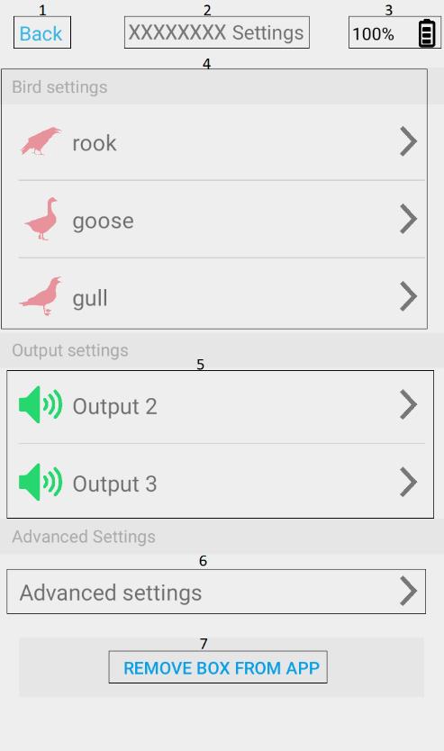Indstillinger Figur 11 viser en oversigt over menuen indstillinger. 1) Retur til start menuen. 2) Boks ID. 3) Indikerer hvor meget strøm der er på backup batteriet i BirdAlert.
