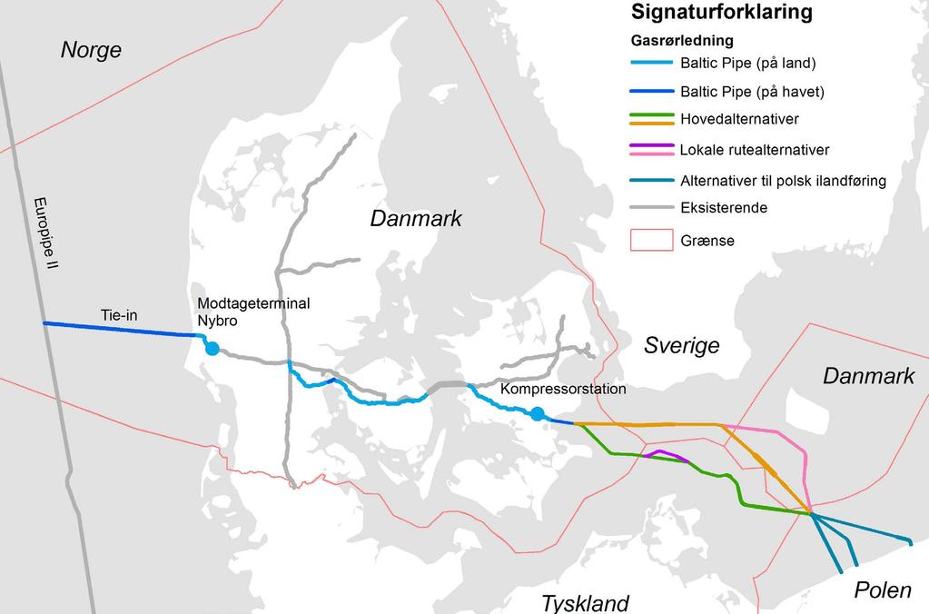 3. Projektbeskrivelse Kort over det samlede projektforslag med Tie-in til Europipe II i den danske del af Nordsøen til ilandføring i Polen, inklusiv de forskellige ruteforslag i Østersøen.