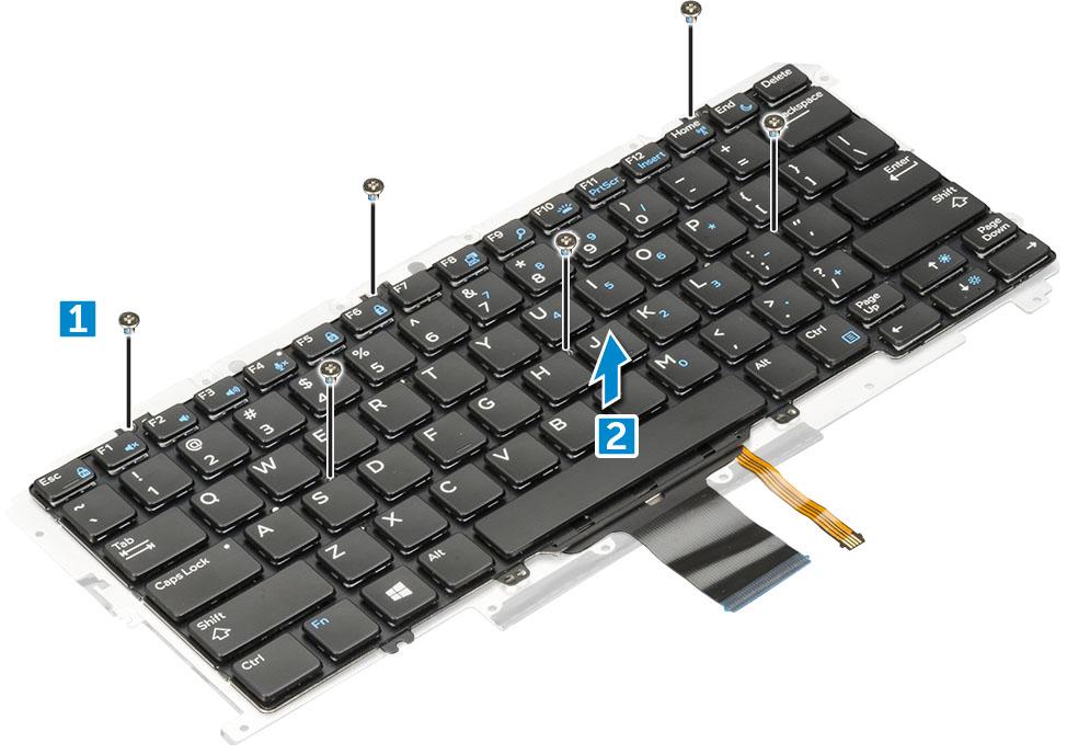 Sådan monteres tastaturet i tastaturbakken 1 Ret tastaturet ind med skrueholderne på tastaturbakken. 2 Spænd skruerne (M2,0 x 2,0) for at fastgøre tastaturet til tastaturbakken.