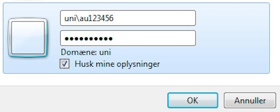 4b. Opsætning af Outlook 2013 Aktivering af brugerkonto i uni.au.dk - windows - 2.1 8 1. Åben Outlook 2013 2. Outlook vil nu bede om brugernavn og adgangskode 3. Indtast ved brugernavn uni\au{auid} 4.