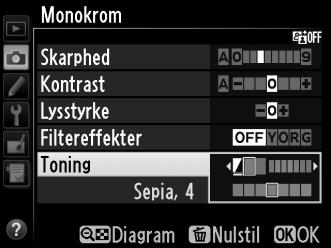 A Toning (kun monokrom) Hvis du trykker på 3, når Toning er valgt, vises indstillingerne for farvemætning. Tryk på 4 eller 2 for at justere farvemætningen.