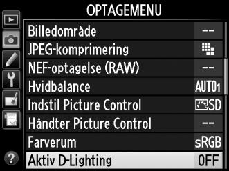 Sådan anvender du Aktiv D-Lighting: 1 Vælg Aktiv D-Lighting i optagemenuen. Tryk på knappen G for at få vist menuerne. Markér Aktiv D-Lighting i optagemenuen, og tryk på 2.