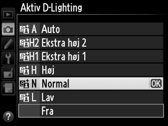 Hvis Y Auto er valgt, justerer kameraet automatisk Aktiv D-Lighting i henhold til Knappen J optageforholdene (i eksponeringsindstilling h svarer Y Auto dog til Q Normal).