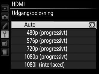 HDMI-indstillinger Indstillingen HDMI i opsætningsmenuen kontrollerer udgangsopløsningen og kan anvendes til at fjernbetjene kameraet fra enheder, som understøtter HDMI-CEC (High- Definition