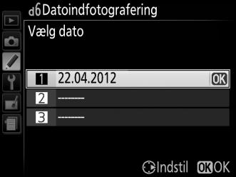 a Dato Datoen eller datoen og klokkeslættet indfotograferes på billeder taget, mens denne b Dato og tid indstilling er aktiveret.