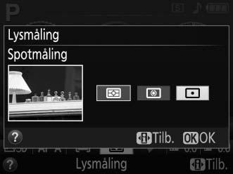 Eksponering Lysmåling Vælg, hvordan kameraet indstiller eksponering i indstillingerne P, S, A og M (i øvrige indstillinger vælger kameraet selv lysmålingsmetoden automatisk).