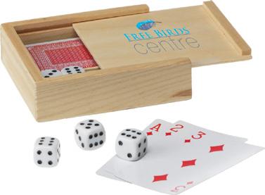 44 Dice & Play 5 terninger og et sæt spillekort (54) i en trææske.