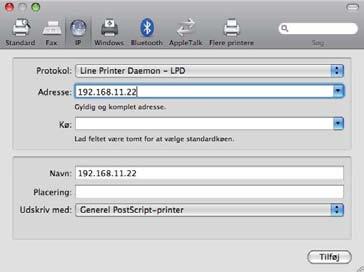 Netværksudskrivning fra Macintosh med BR-Script 3-driveren f Vælg Line Printer Daemon - LPD i listen Protokol. g Indtast printerens IP-adresse i feltet Adresse.