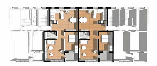 Dette etablerer henholdsvis en større fireværelses og en mindre toværelses bolig. Formålet er at frembringe et varieret boligudbud og dermed skabe en bred beboersammensætning.