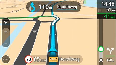 Hvis du ikke allerede har valgt den hurtigere rute, bliver den vist i vejledningsvisningen med grønt, når nærmer dig den hurtigere rute. Der vises et beslutningssymbol på rutebjælken.